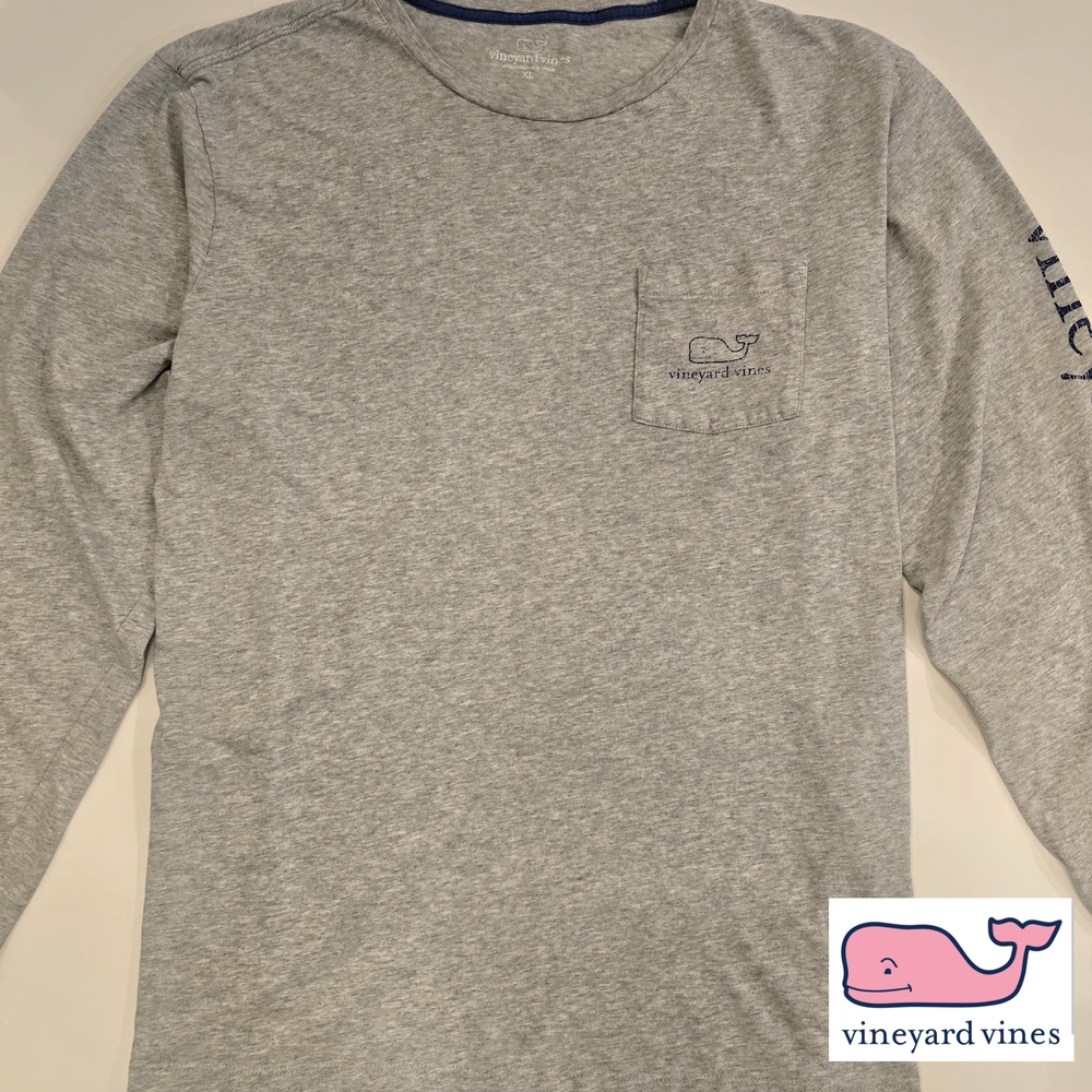 Vineyard Vines Mens XL Gray & Navy Whale Logo Longsleeve Tee w/ drawstring bag - Picture 2 of 9